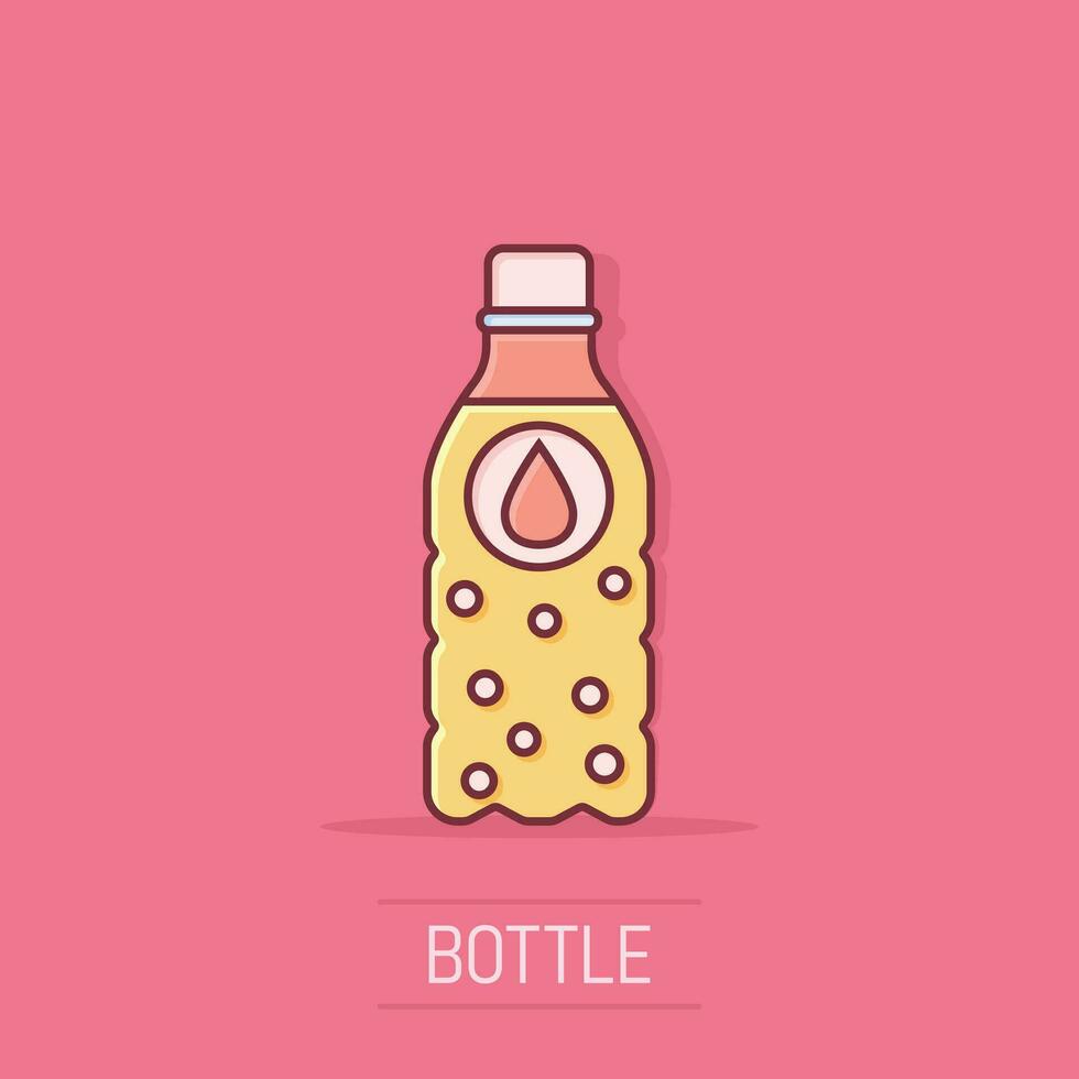 Water bottle icon in comic style. Plastic soda bottle vector cartoon illustration pictogram. Liquid water business concept splash effect.