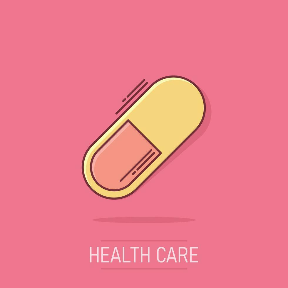 Vector cartoon pill icon in comic style. Tablet concept illustration pictogram. Capsule medical business splash effect concept.