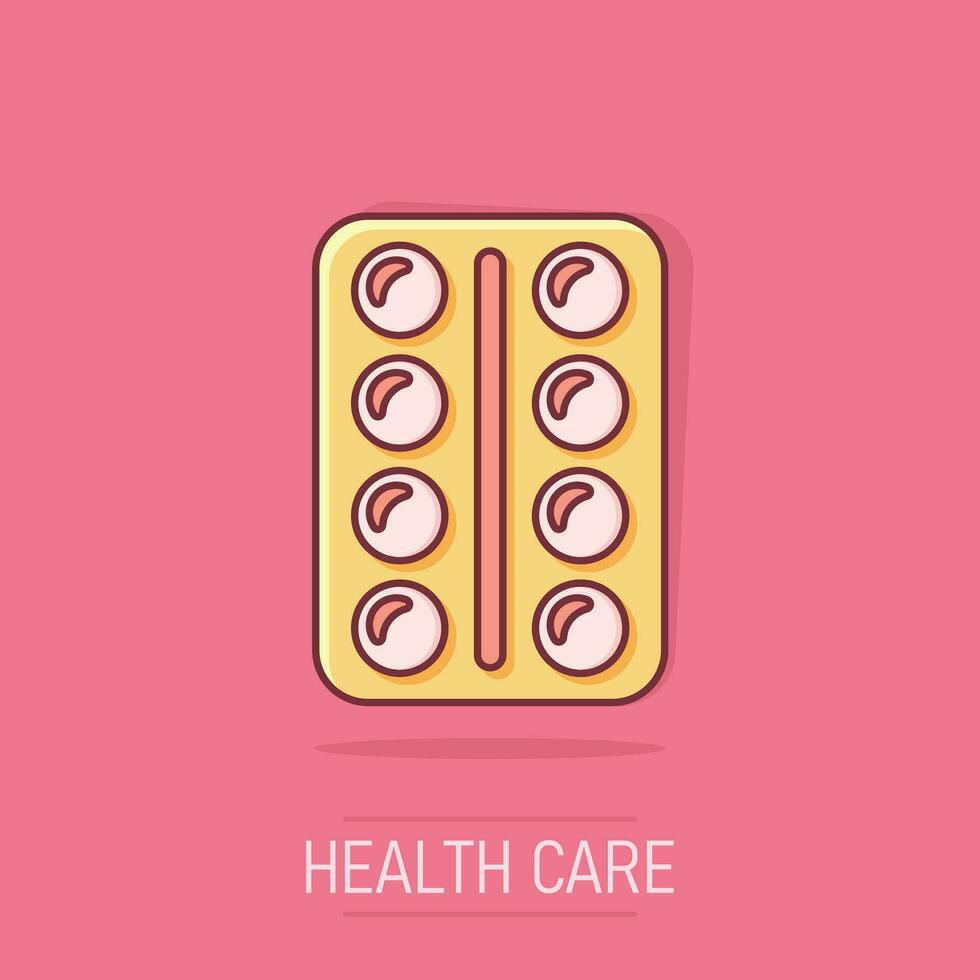 Vector cartoon pill icon in comic style. Tablet concept illustration pictogram. Capsule medical business splash effect concept.