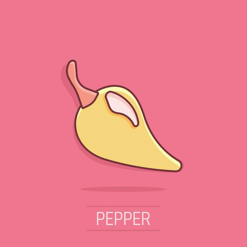 Vector cartoon chili pepper icon in comic style. Spicy peppers concept illustration pictogram. Chili paprika business splash effect concept.