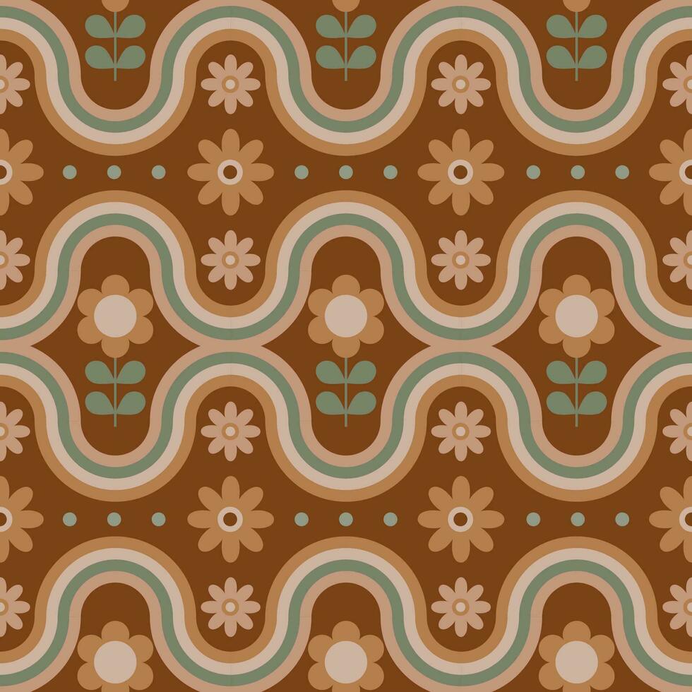 Groovy seamless pattern with geometric shapes and flowers. vector
