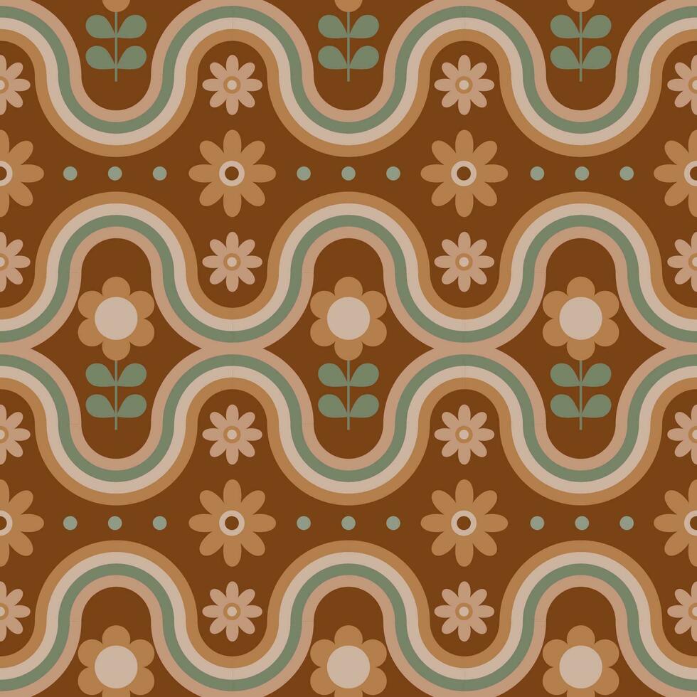 Groovy seamless pattern with geometric shapes and flowers. vector