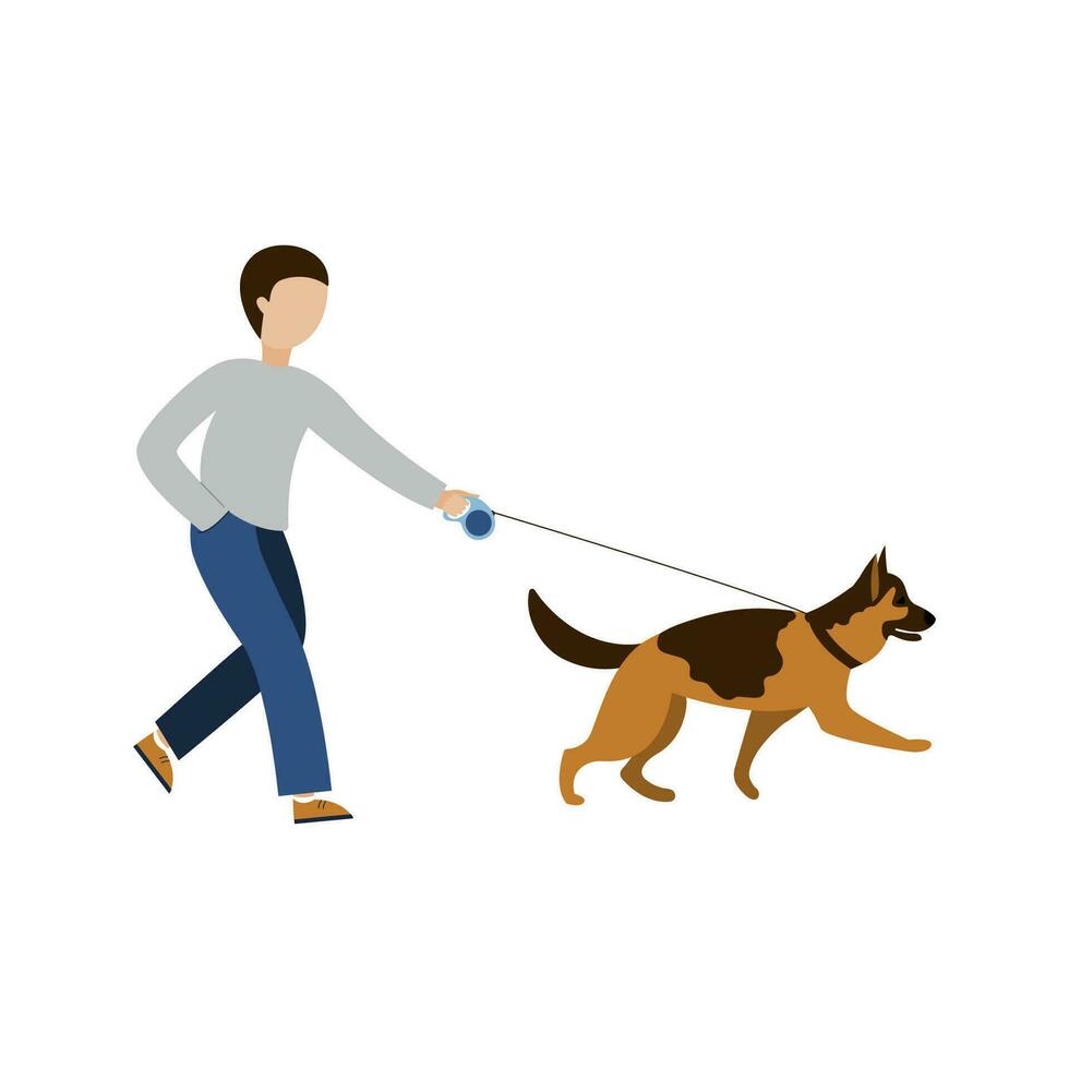 The guy is walking with a German shepherd. vector