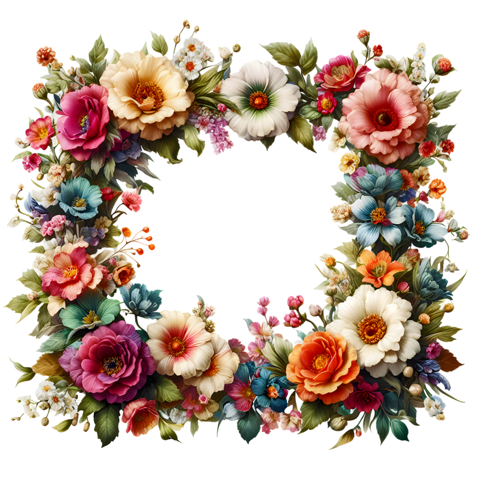 AI generated A floral wreath frame with flowers and leaves on a transparent background png