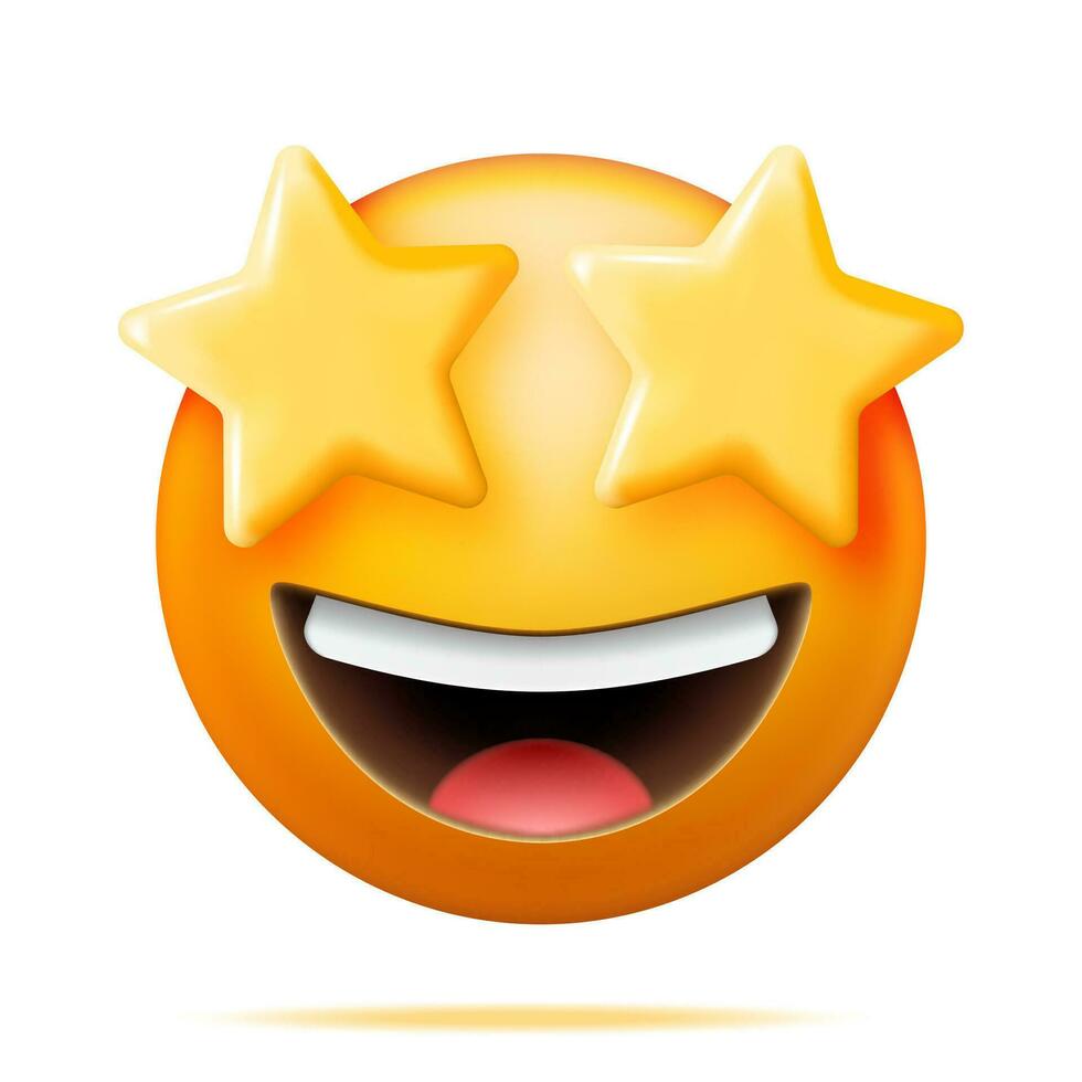 3D Yellow Excited Starry Eyed Emoticon Isolated. Render Laughing Star Shaped Eyes Emoji. Happy Face LOL. Communication, Web, Social Network Media, App Button. Realistic Vector Illustration