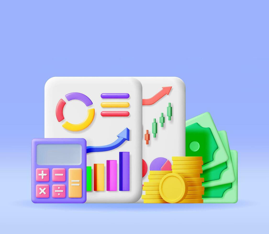 3D Financial Reports with Cash Money and Calculator. Render Stock Pie Shows Growth. Financial Data Analysis, Business Research, Financial Market Trade. Money and Banking. Vector Illustration