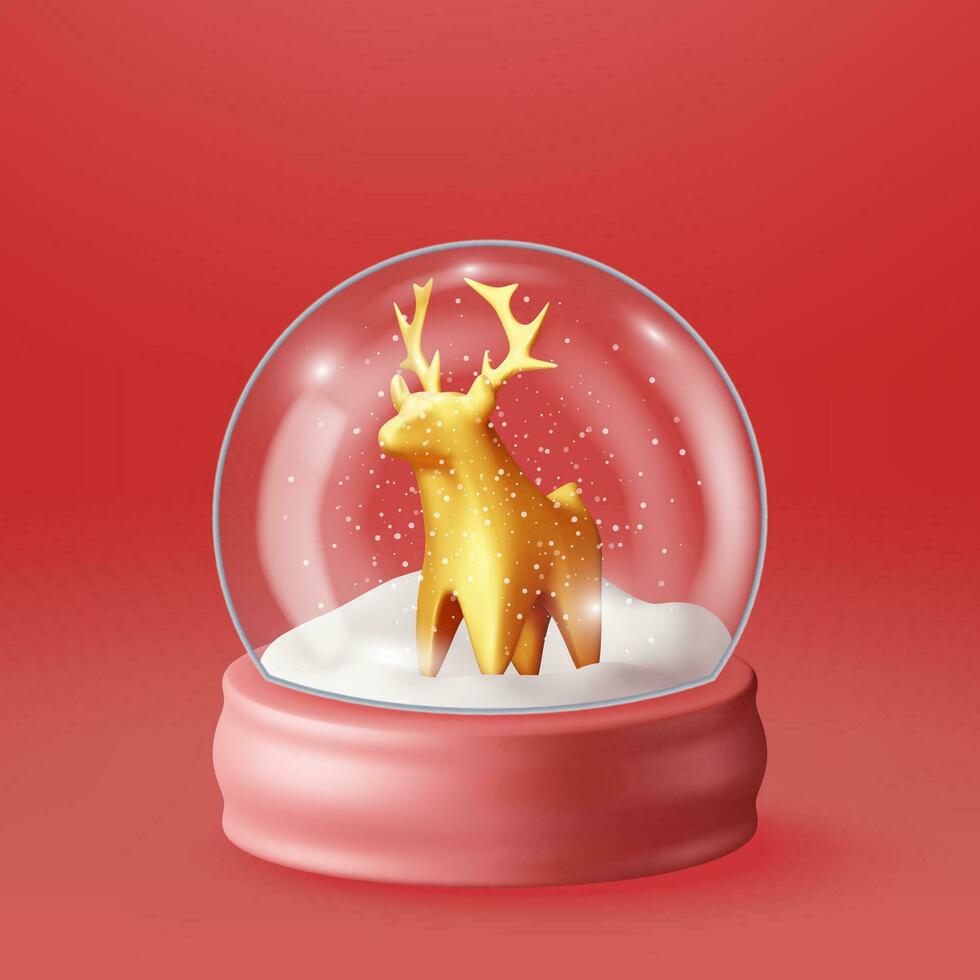 3D Glass Christmas Snow Globe with Deer Isolated. Render Sphere Podium with Reindeer. New Year Decoration. Merry Christmas Holiday. Xmas Celebration. Realistic Vector Illustration