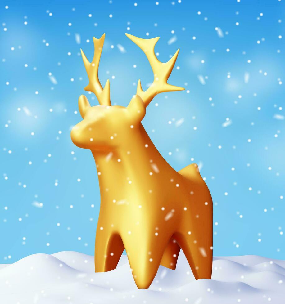 3D Christmas Deer Statue in Snowdrift. Render Gold Deer Figurine. Deer with Antlers. Happy New Year Reindeer Decoration. Merry Christmas Holiday. New Year and Xmas Celebration. Vector Illustration