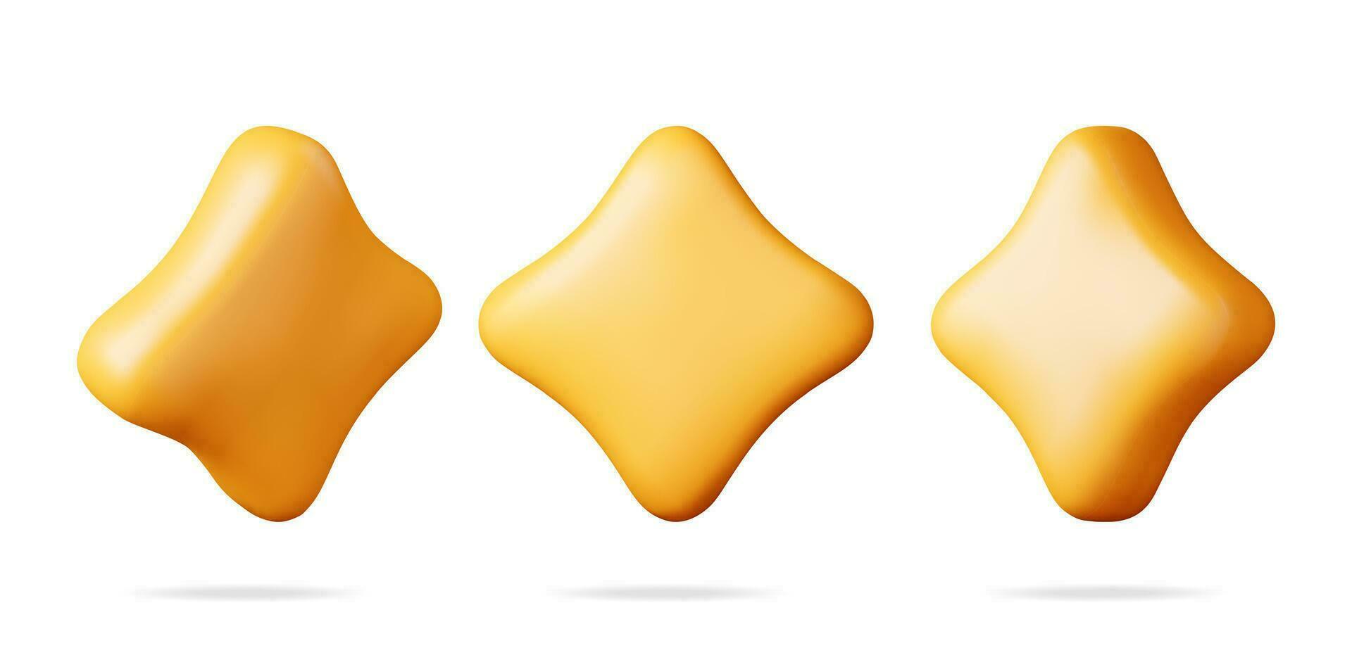 3d lustroso amarillo estrella en diferente anglos aislado. comentarios redondo estrella realista hacer recopilación. testimonial clasificación, comentario, encuesta, calidad y revisar. logros o meta. vector ilustración