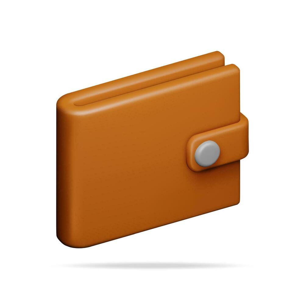 3D Brown Leather Wallet Isolated. Render Purse Icon with Clasp. Modern Finance Accessory for Money Cash and Bank Card. Storing and Carrying Banknotes and Coins. Vector Illustration