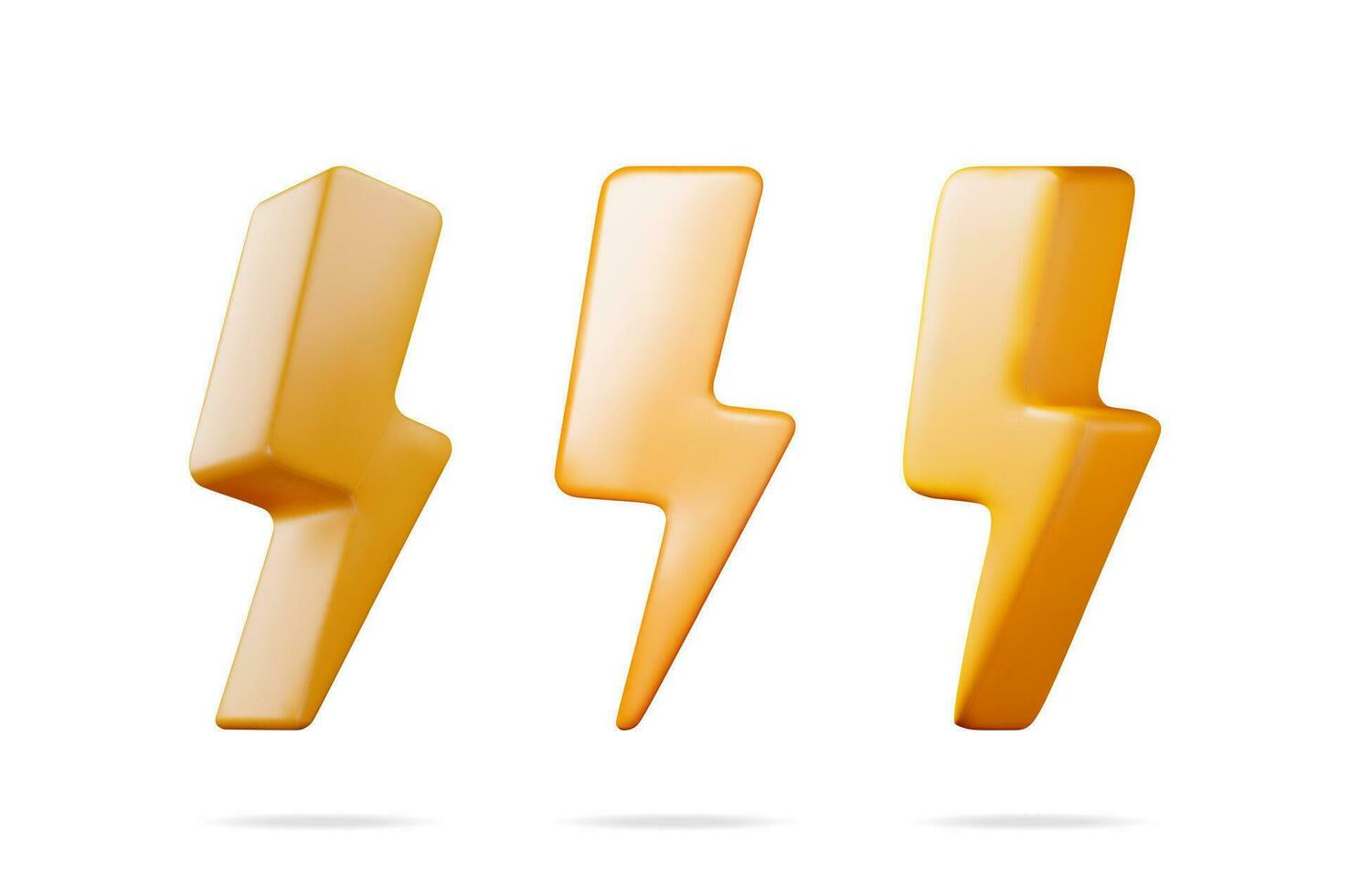 3D Lightning Sign from Different Angles Collection Isolated. Render Set of Yellow Plastic Lightning Icon. Weather or Electricity Symbol. Cartoon Flash or Charge Icon. Vector Illustration