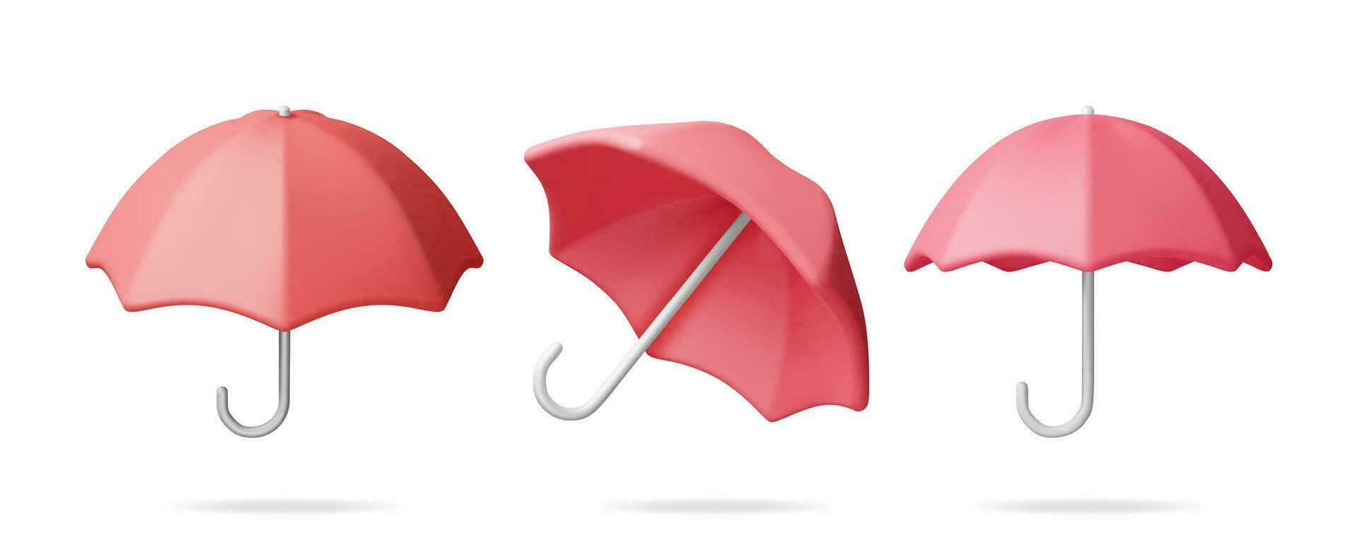 3D Classic Red Umbrella Set Isolated on White. Render Collection of Umbrella Personal Accessory. Protection from Rain, Insurance Symbol. Realistic Vector illustration