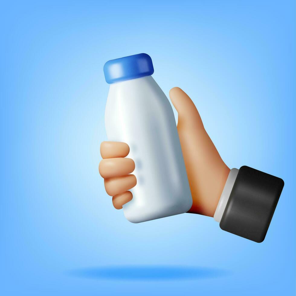 3D Glass Bottle with Milk in Hand Isolated. Render Realistic Plastic bottle of Milk. Milk Dairy Drink Package Container. Organic Healthy Product. Vector Illustration