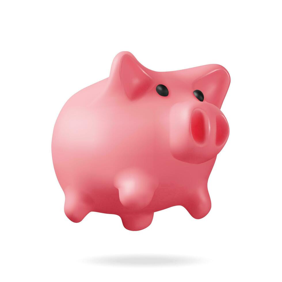 3D Piggy Bank Isolated. Render Plastic Piggy Bank for Money. Moneybox in Form of Pig. Concept of Cash Money, Business Deposit Investment, Financial Savings. Vector Illustration