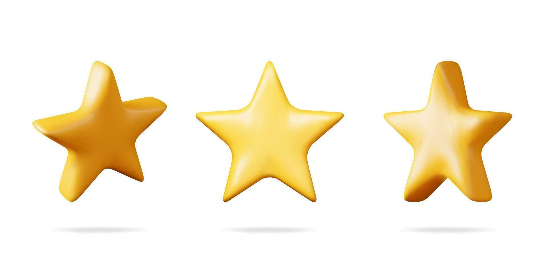 3d lustroso amarillo estrella en diferente anglos aislado. comentarios redondo estrella realista hacer recopilación. testimonial clasificación, comentario, encuesta, calidad y revisar. logros o meta. vector ilustración