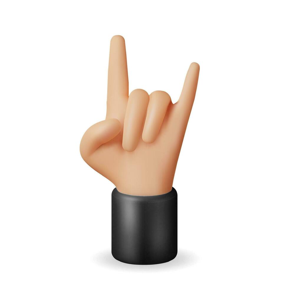 3D Hand Rock Gesture Symbol Isolated. Render Rock n Roll Music Hand Emoji. Rocker Cartoon Hand Showing Horns Sign. Music Icon Concept. Vector Illustration