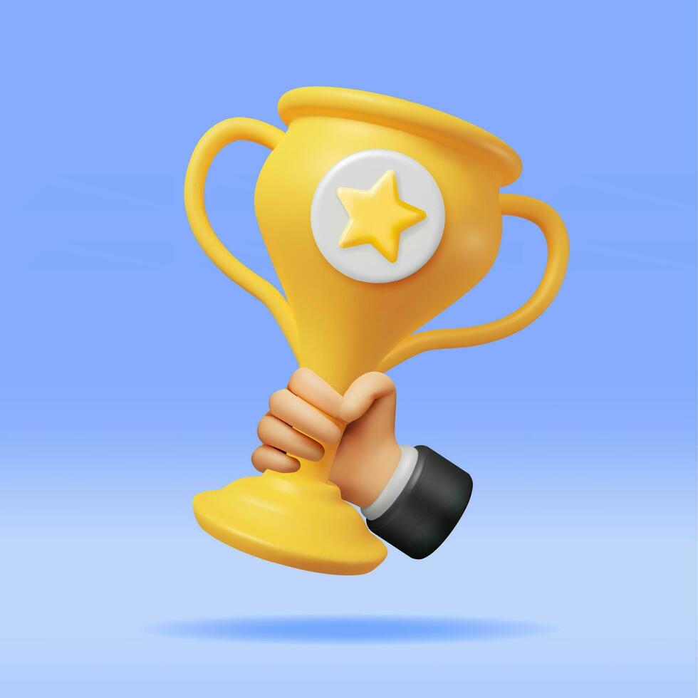 3D Golden Champion Trophy in Hand. Render Gold Cup Trophy Icon. Gold Trophy for Competitions. Award, Victory, Goal, Champion Achievement, Prize, Sports Award, Success Concept. Vector Illustration