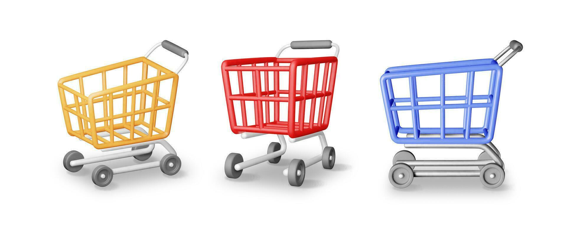 3D Set of Shopping Cart Isolated on White. vector