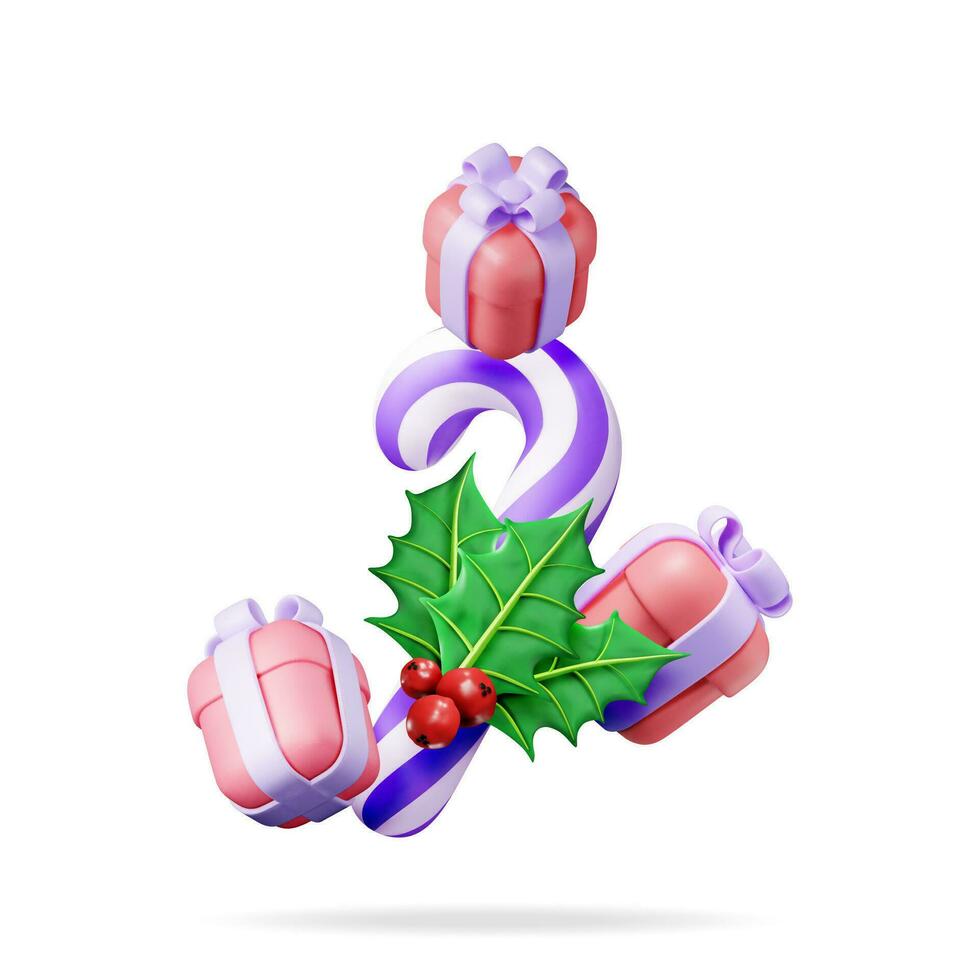 3D Christmas Twig of Holly, Gift Boxes and Candy Cane Isolated. Render Holiday Decoration. Happy New Year Decoration. Merry Christmas Holiday. New Year Xmas Celebration. Realistic Vector Illustration