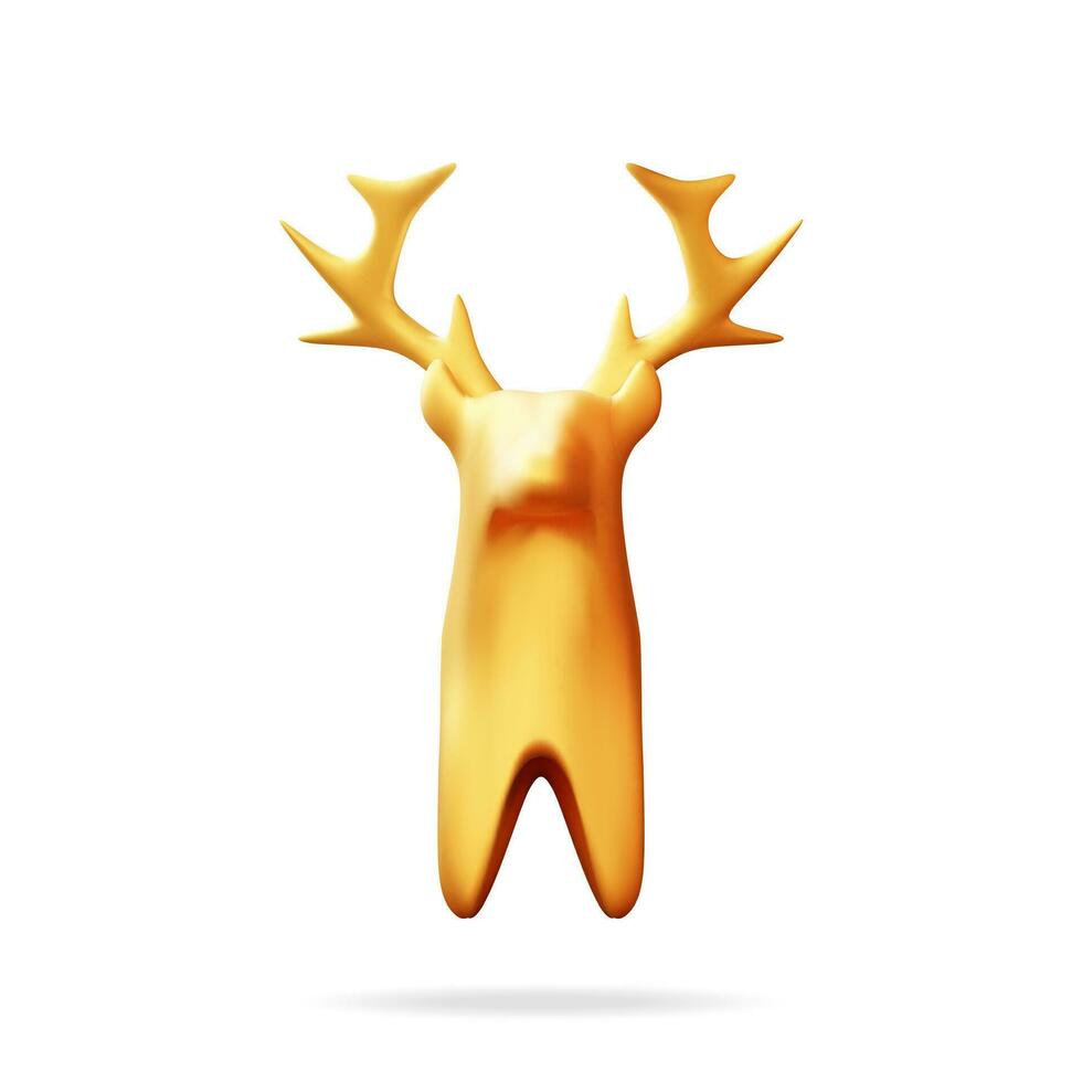 3D Christmas Deer Statue Isolated. Render Gold Deer Figurine. Cute Deer with Antlers. Happy New Year Reindeer Decoration. Merry Christmas Holiday. New Year and Xmas Celebration. Vector Illustration