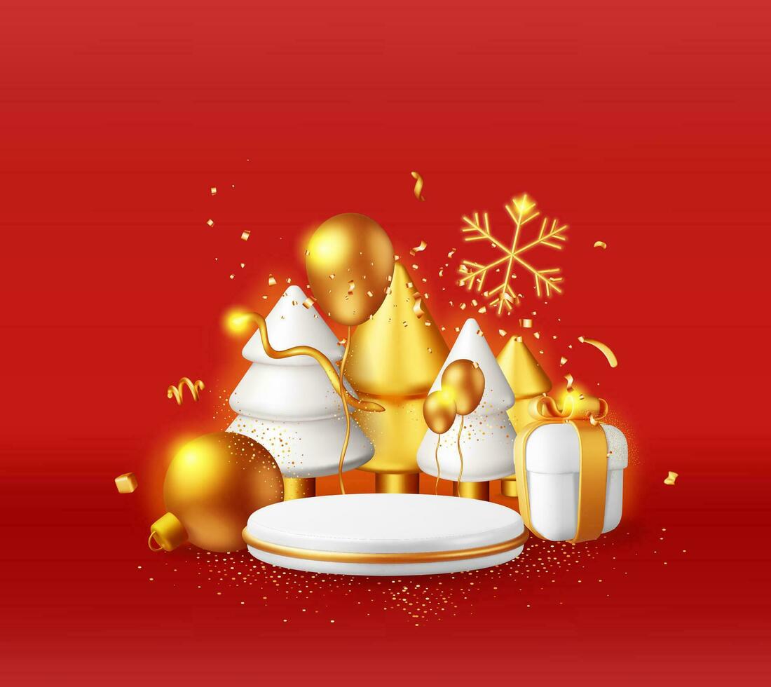 3D White Cylinder Pedestal Podium and Gold Christmas Tree. Render Happy New Year Decoration Banner. Merry Christmas Holiday. New Year and Xmas Celebration. Realistic Vector Illustration