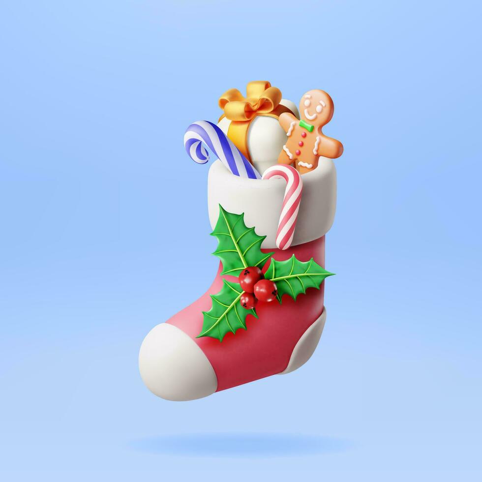 3D Christmas Stocking Isolated. Render Sock with Holly, Gift box, Gingerbread Man, Candy Cane. Happy New Year Decoration. Merry Christmas Holiday. New Year and Xmas celebration. Vector Illustration