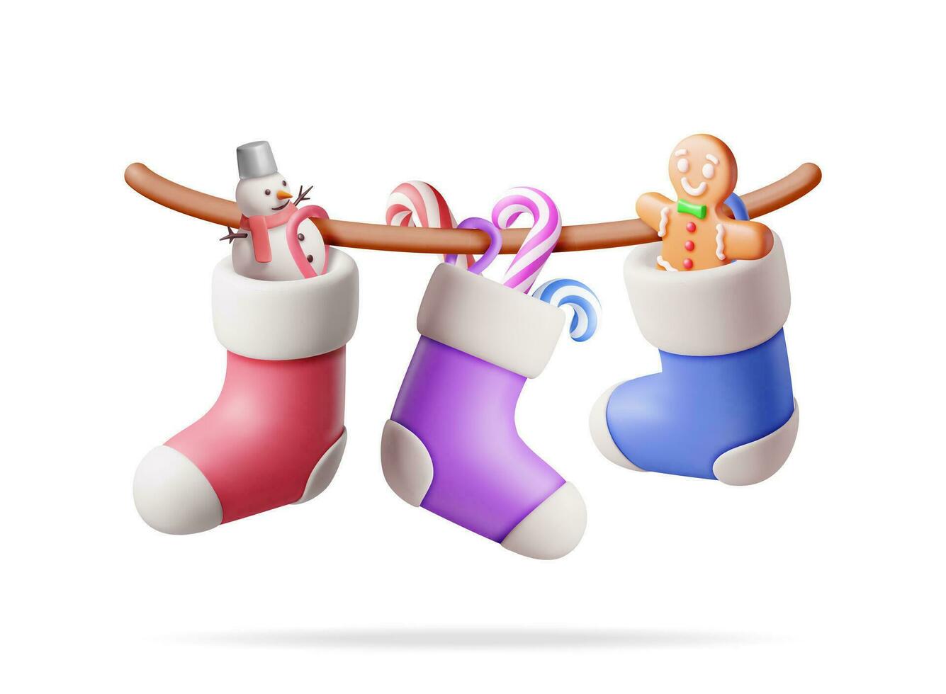 3D Christmas Stocking on Rope, Color Sock. Render Christmas Cloth Socks with Candycane, Snowman, Gingerbread Man. Hanging Holiday Decorations. New Year Xmas Celebration. Realistic Vector Illustration