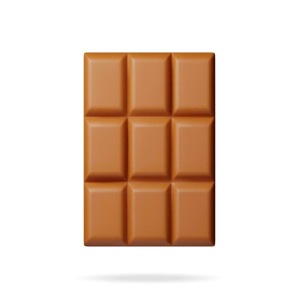 3D Milk Chocolate Bare Isolated on White. Render Brown Chocolate Piece. Sweet Delicious Candy Product. Cocoa Tasty Dessert. Realistic Vector Illustration