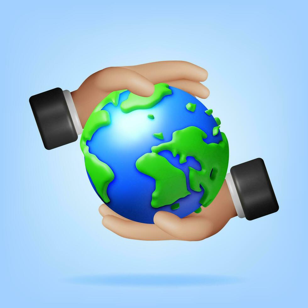 3D Human Hand Holding Green Earth Isolated. Render Save Earth Day Concept. Respect for Nature and Environment. Hands Protecting Globe. Cartography and Geography, Globe. Realistic Vector Illustration