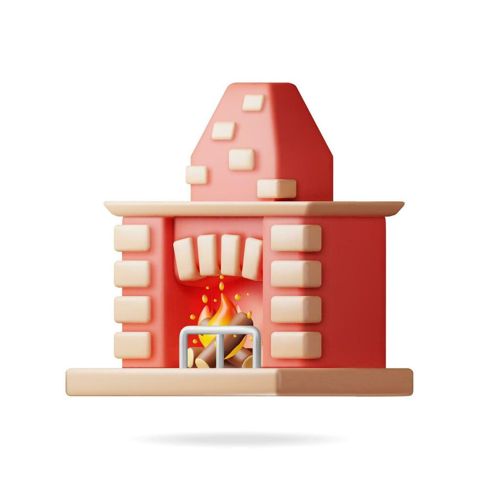 3D Fireplace with Burning Wood Isolated. Render Winter Interior Bonfire. Bright Burning Flame and Smoldering Logs Inside. Home Fireplace for Comfort and Relaxation. Realistic Vector Illustration