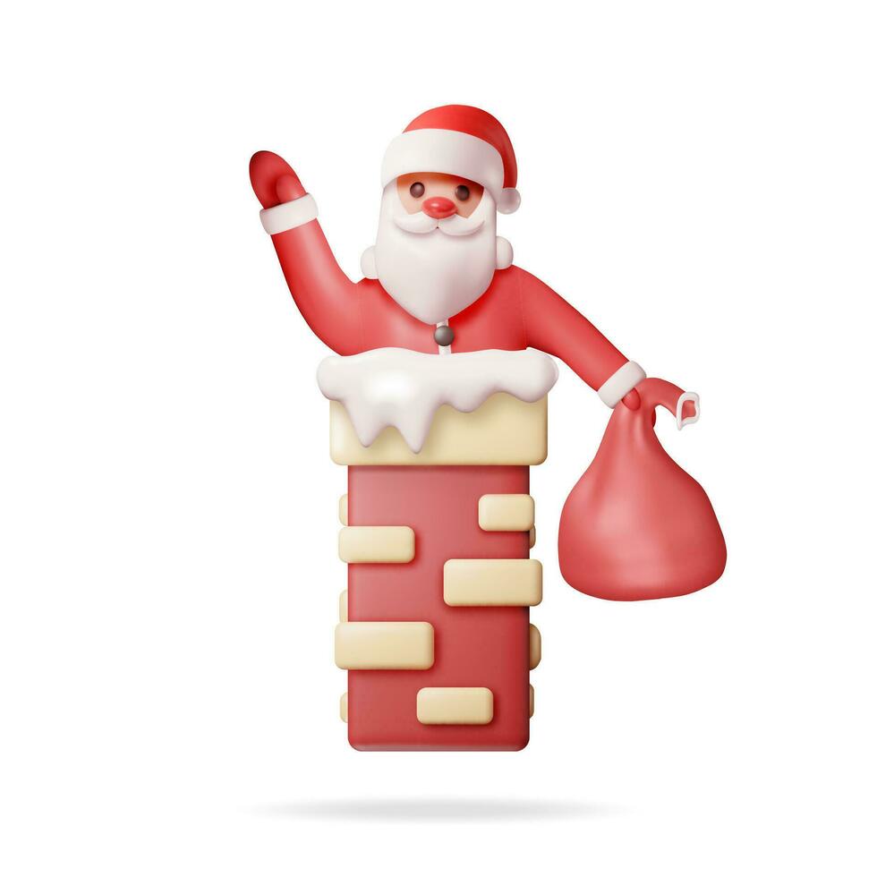 3D Santa Claus with Bag with Gifts in House Chimney Isolated. Render Cartoon Santa Stuck in Pipe. Merry Christmas Eve Holiday. New Year and Xmas Celebration. Realistic Vector Illustration