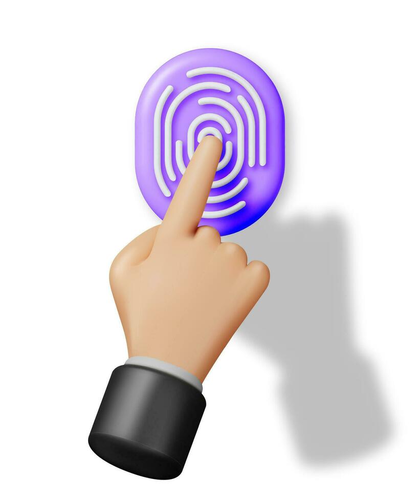 3D Fingerprint Icon and Hand Isolated. Render Finger Print Symbol. Identification and Authorization System. Fingerprint for ID, Passport, Applications. Finger Print Biometric Scan. Vector Illustration