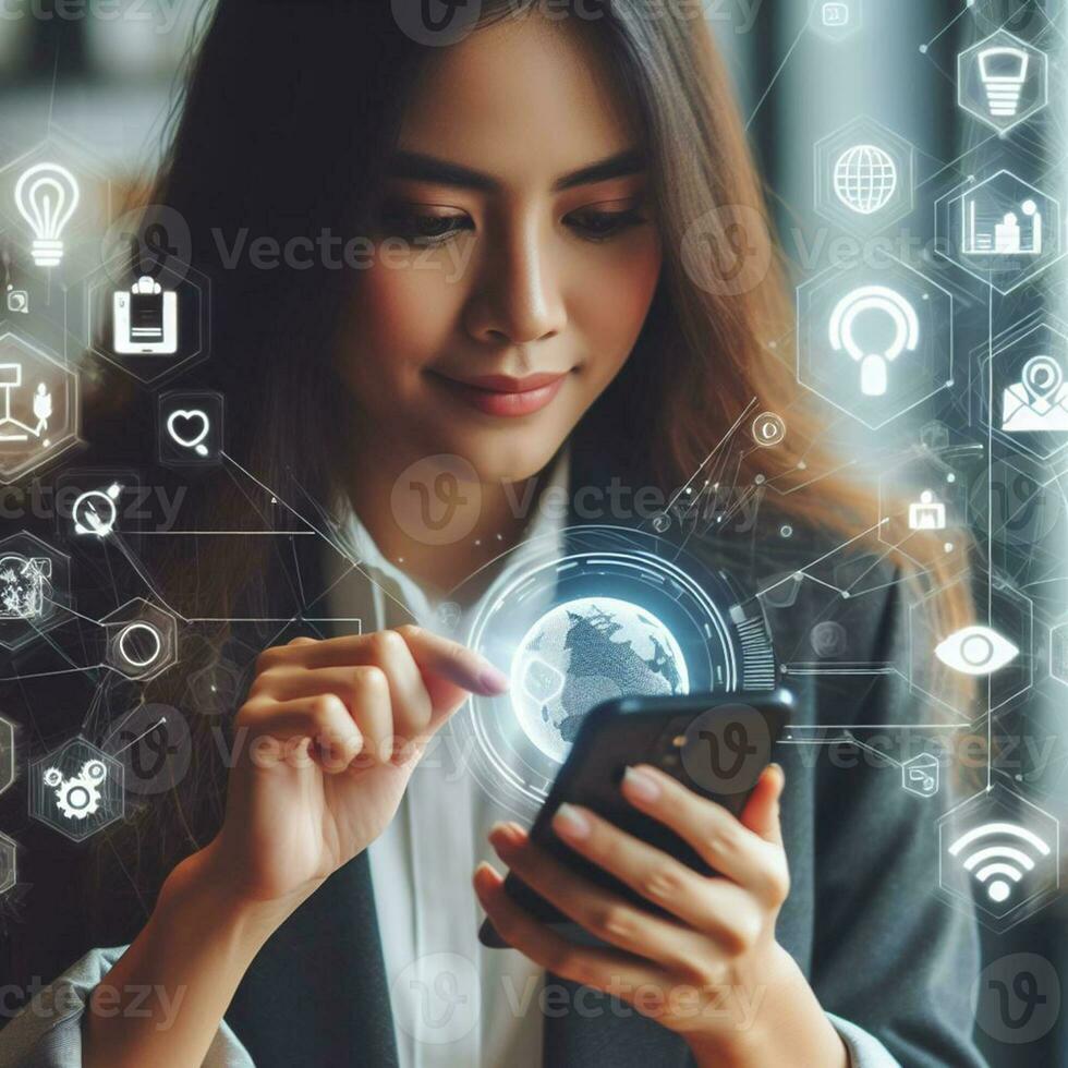 AI generated Business woman using smartphone to touch virtual screen with social media icons photo