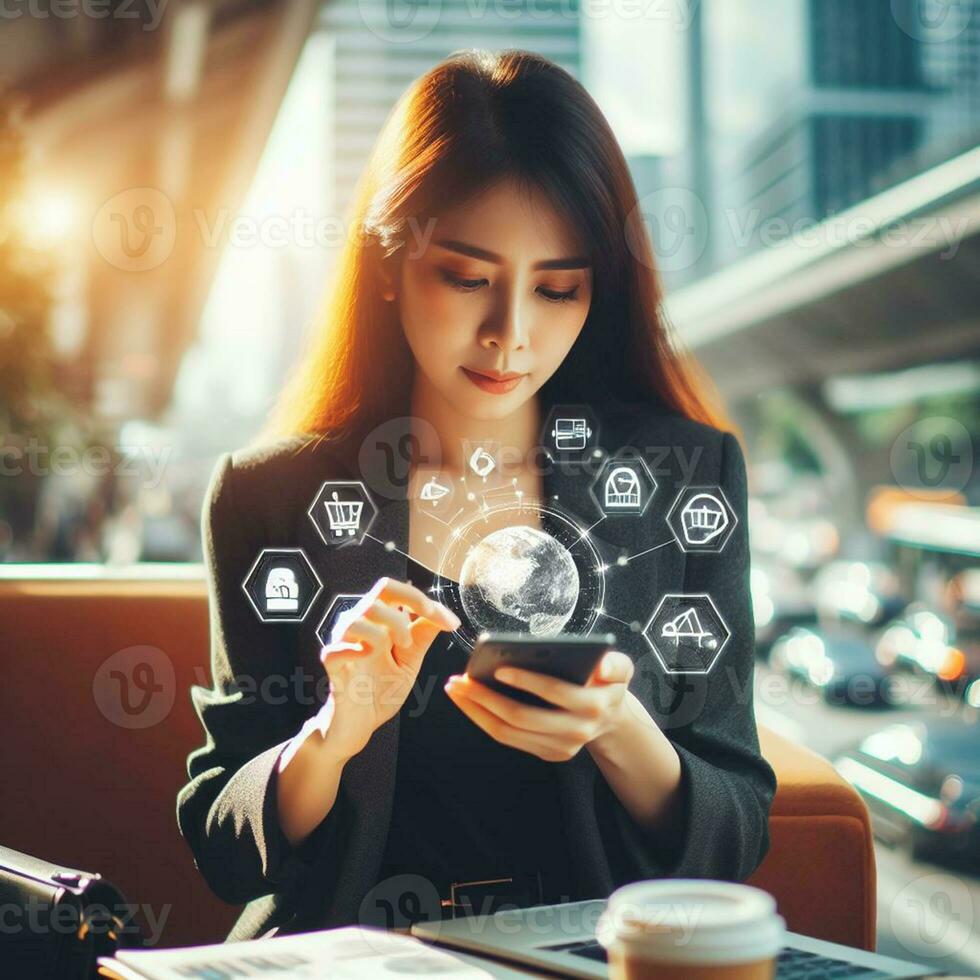 AI generated Business woman using smartphone to touch virtual screen with social media icons photo