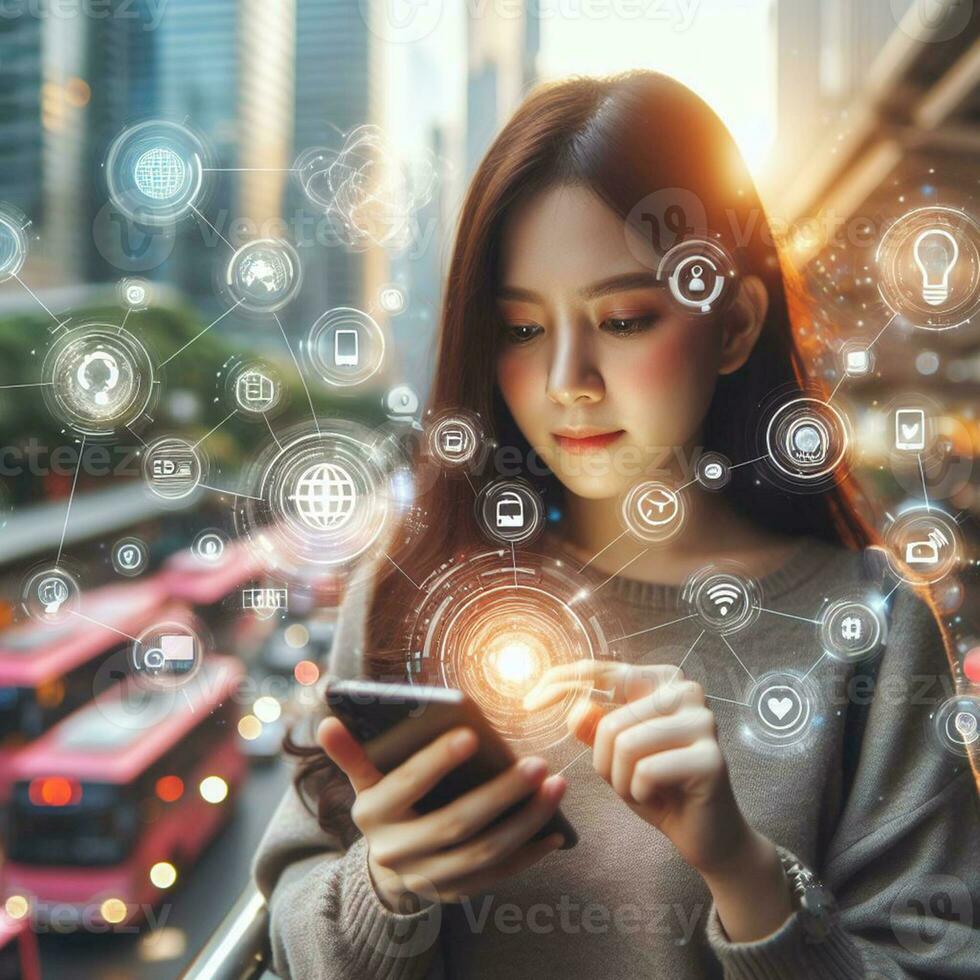AI generated Business woman using smartphone to touch virtual screen with social media icons photo