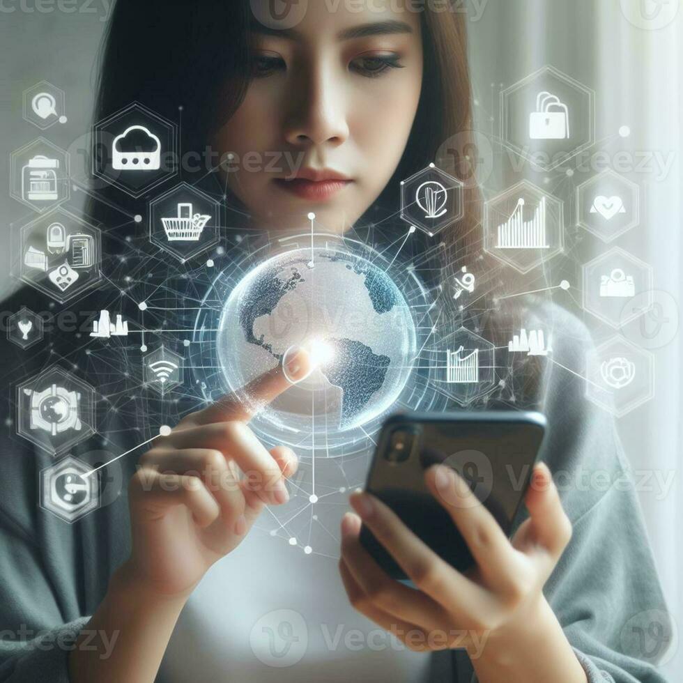 AI generated Business woman using smartphone to touch virtual screen with social media icons photo