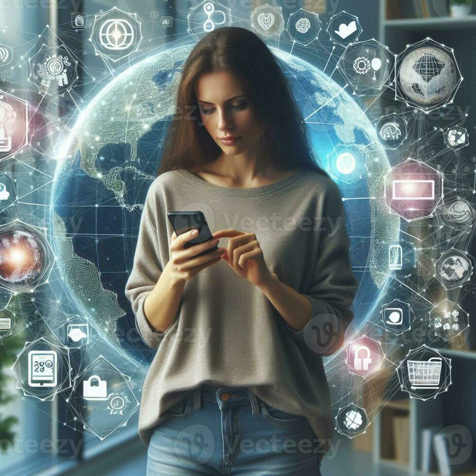 AI generated Business woman using smartphone to touch virtual screen with social media icons photo
