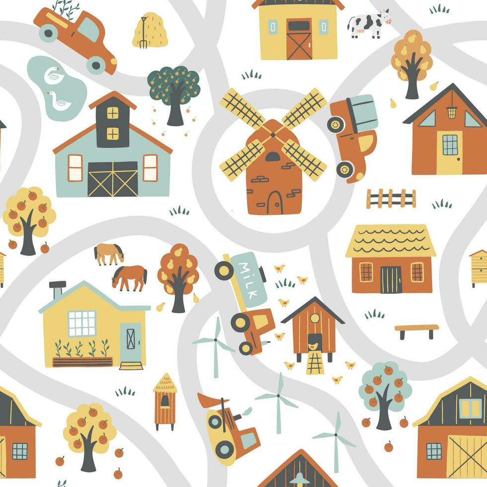 granja sin costura modelo con granja casas, tractores, molinos de viento, mascotas, árboles, etc. vector