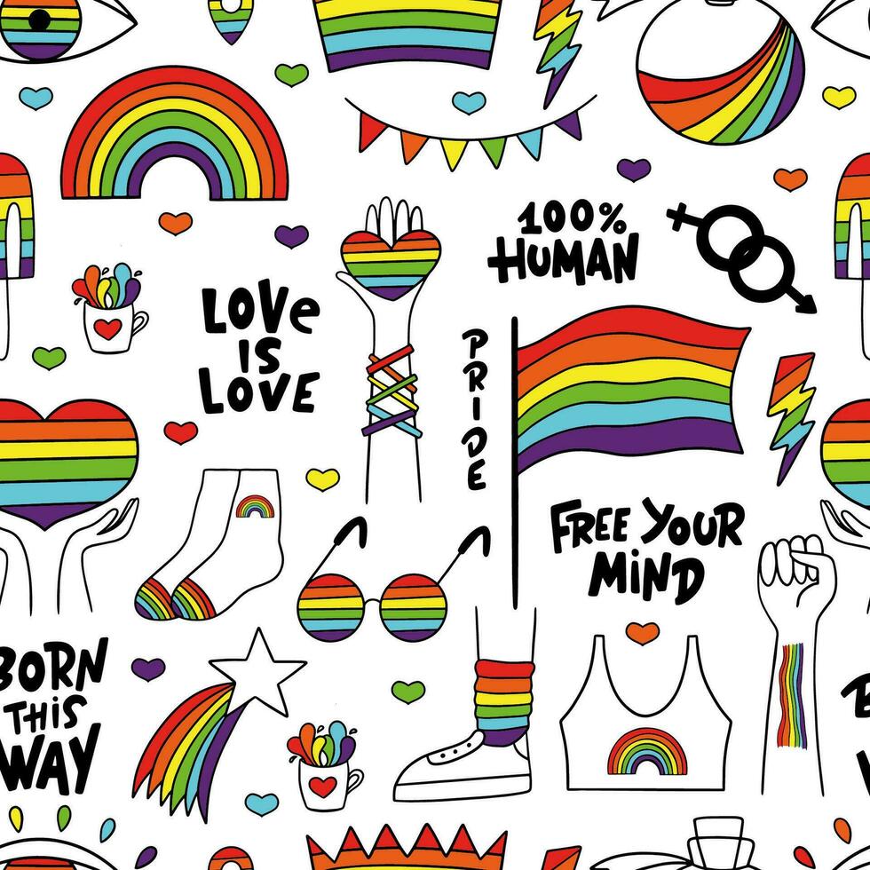 LGBTQ seamless pattern with flag, hands, hearts, star, rainbow, phrases. vector