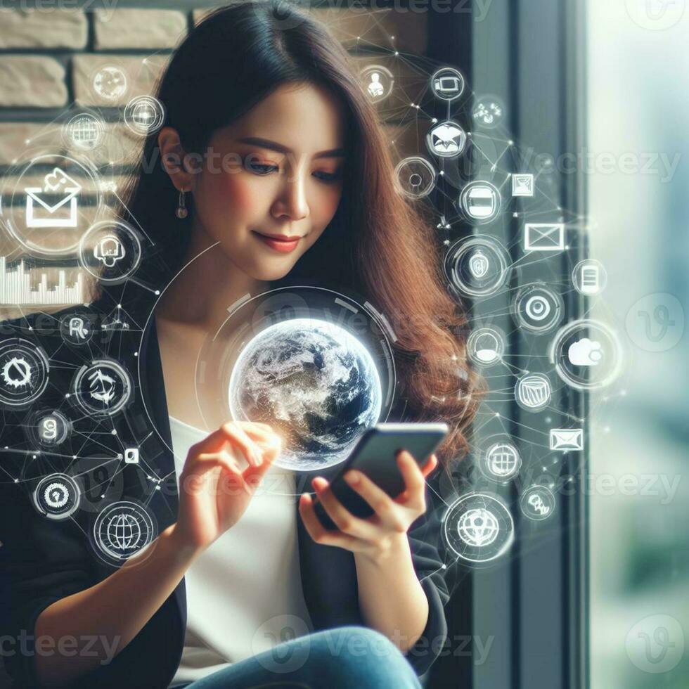 AI generated Business woman using smartphone to touch virtual screen with social media icons photo