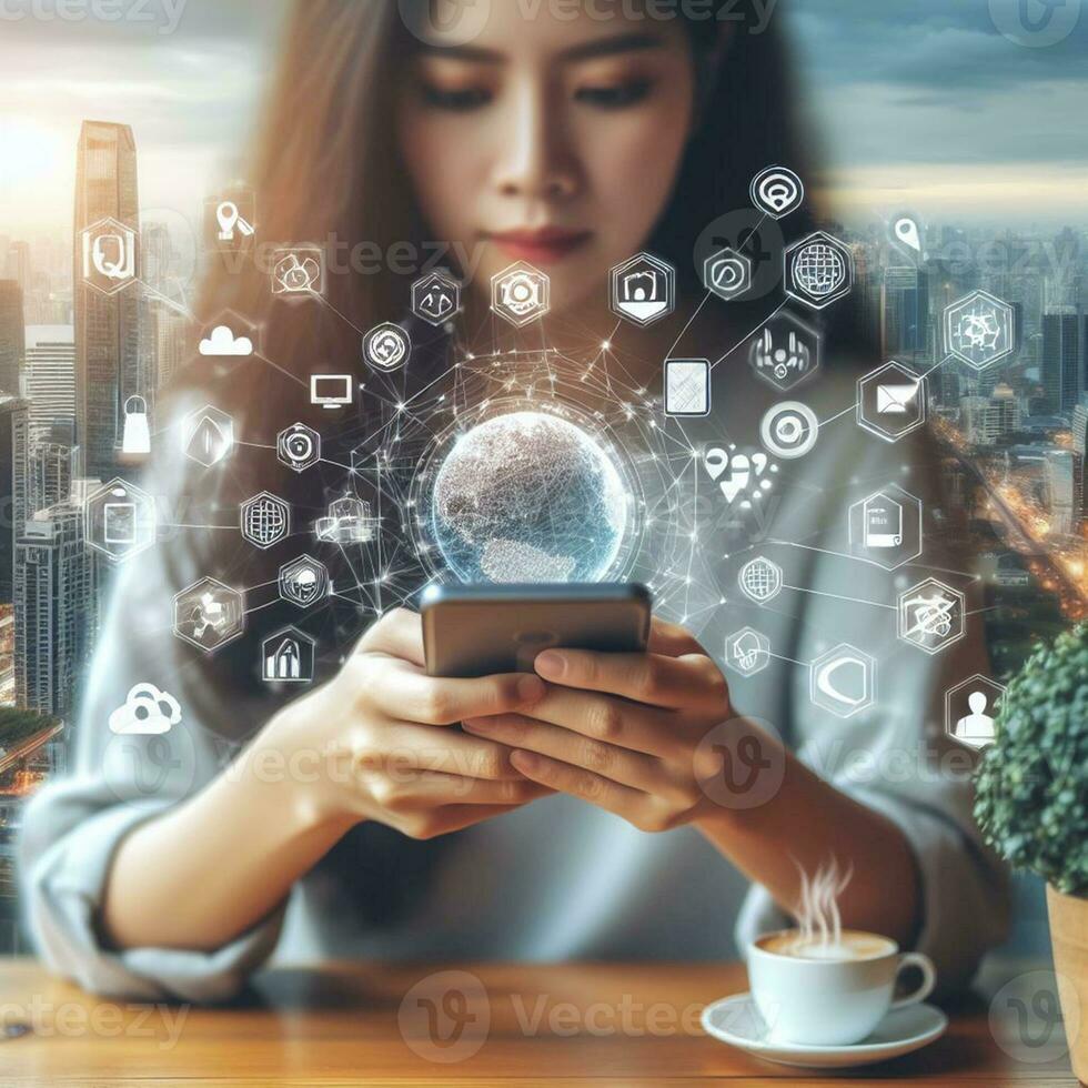 AI generated Business woman using smartphone to touch virtual screen with social media icons photo