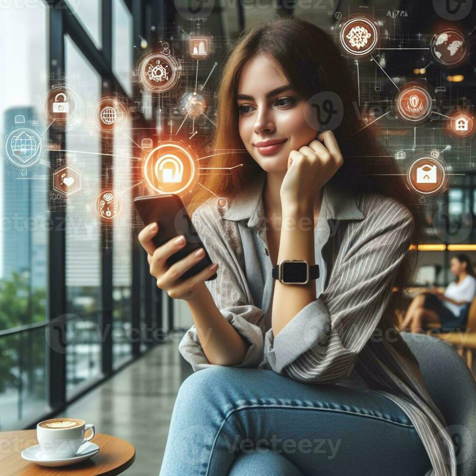 AI generated Business woman using smartphone to touch virtual screen with social media icons photo