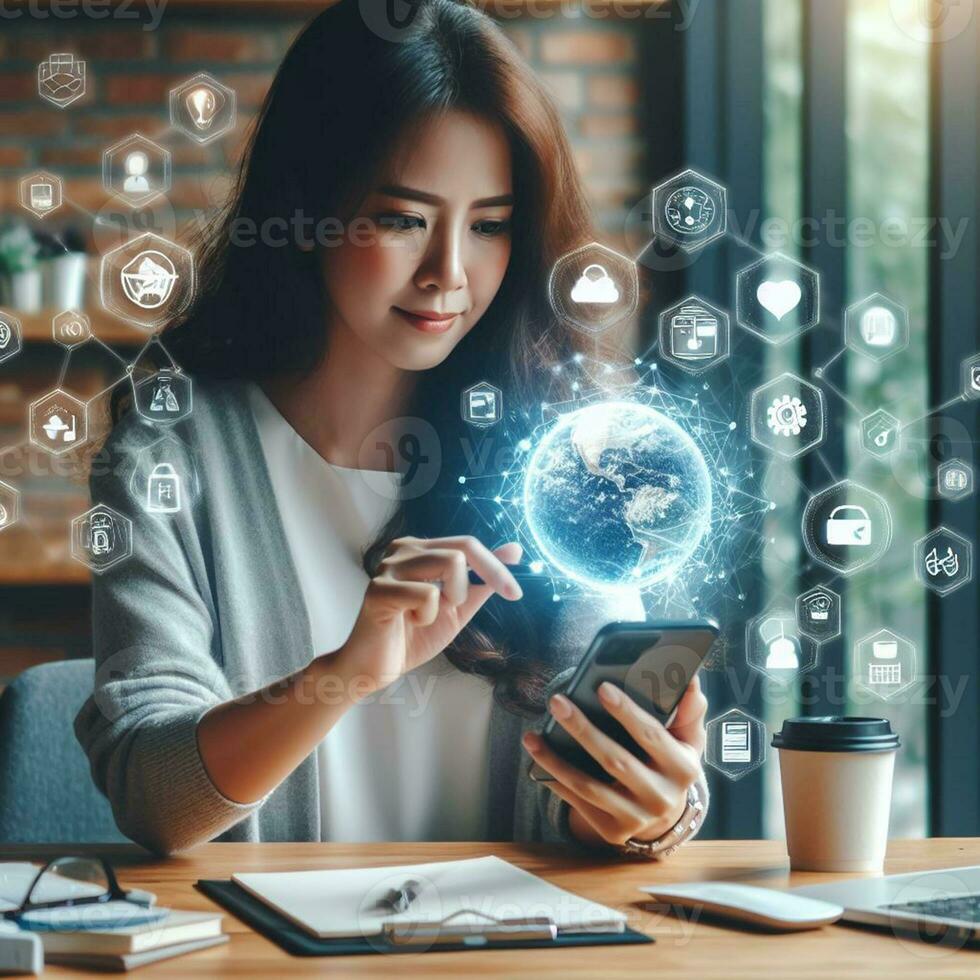 AI generated Business woman using smartphone to touch virtual screen with social media icons photo