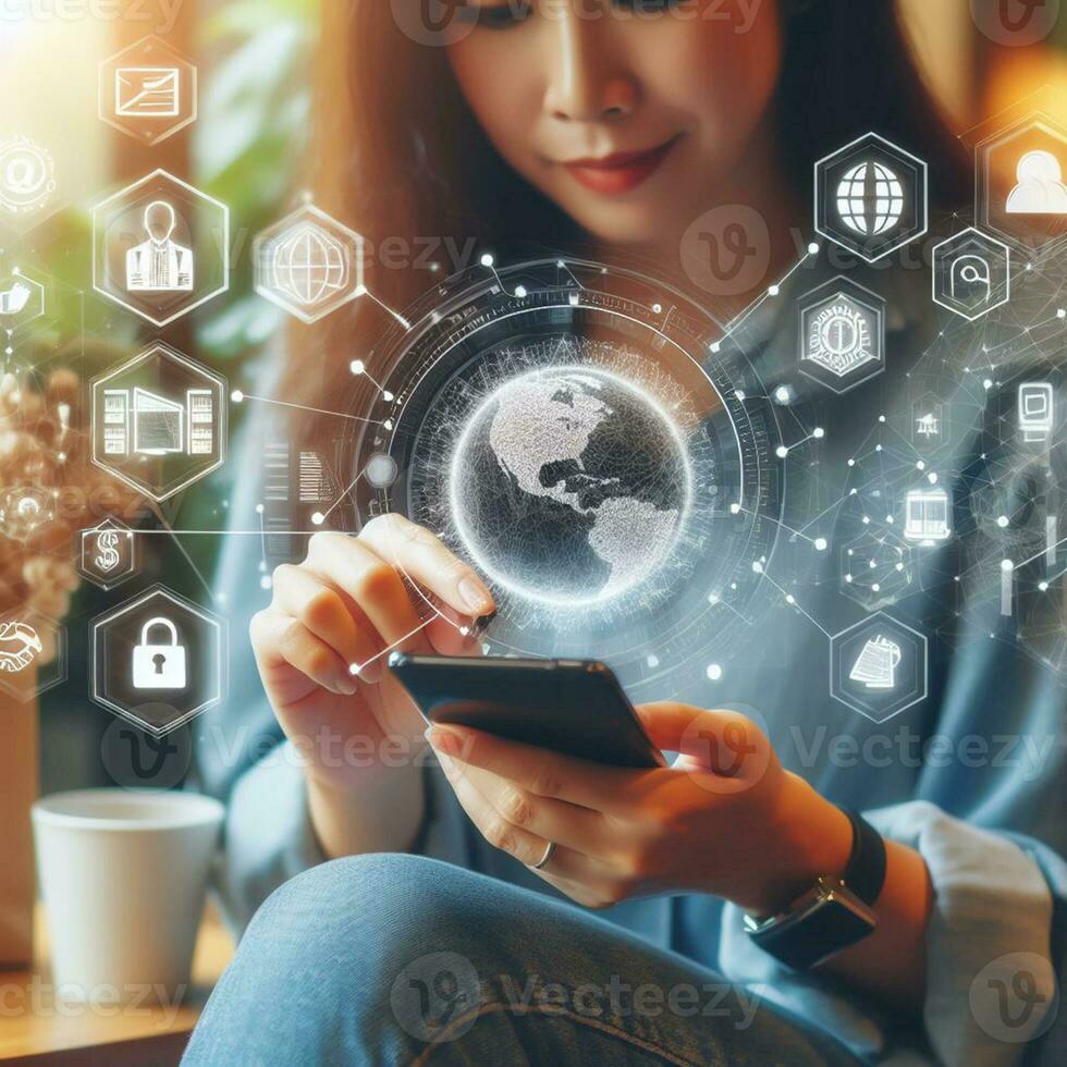 AI generated Business woman using smartphone to touch virtual screen with social media icons photo