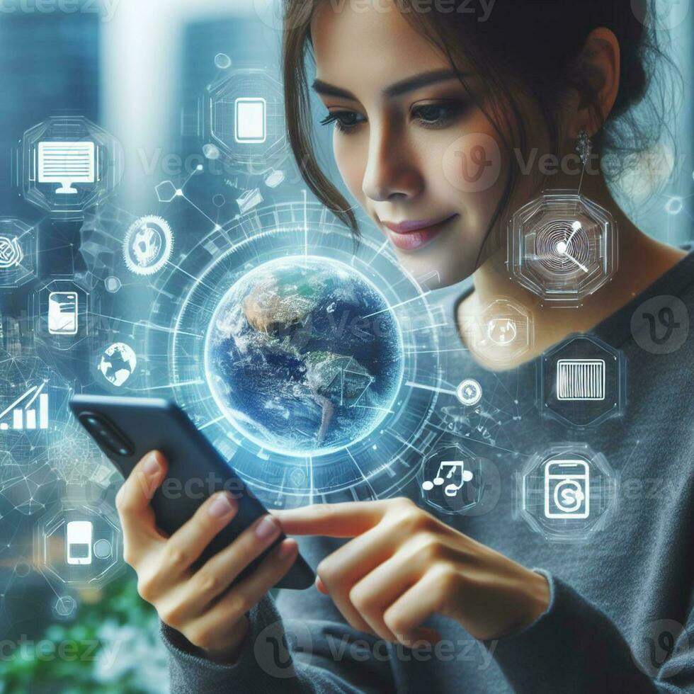 AI generated Business woman using smartphone to touch virtual screen with social media icons photo