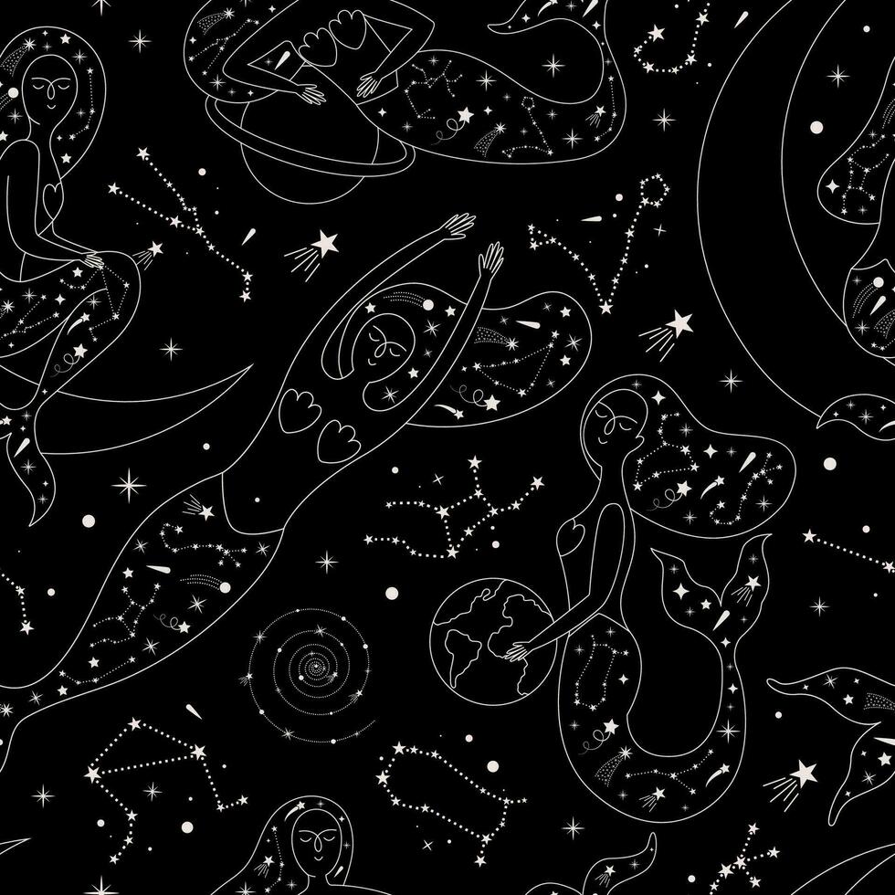 Magical seamless pattern with mermaids, stars, zodiac signs, planets, moon, meteorites. vector