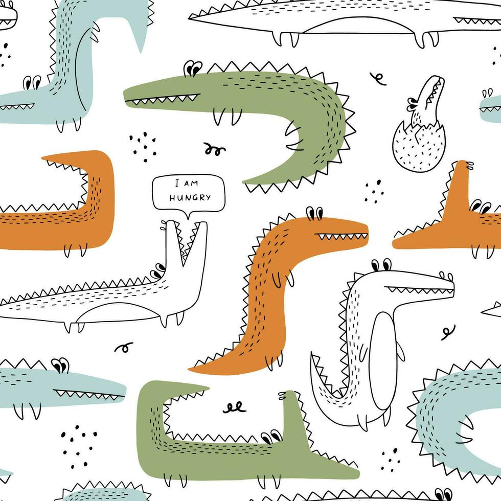 gracioso dibujos animados garabatear cocodrilo. vector sin costura modelo