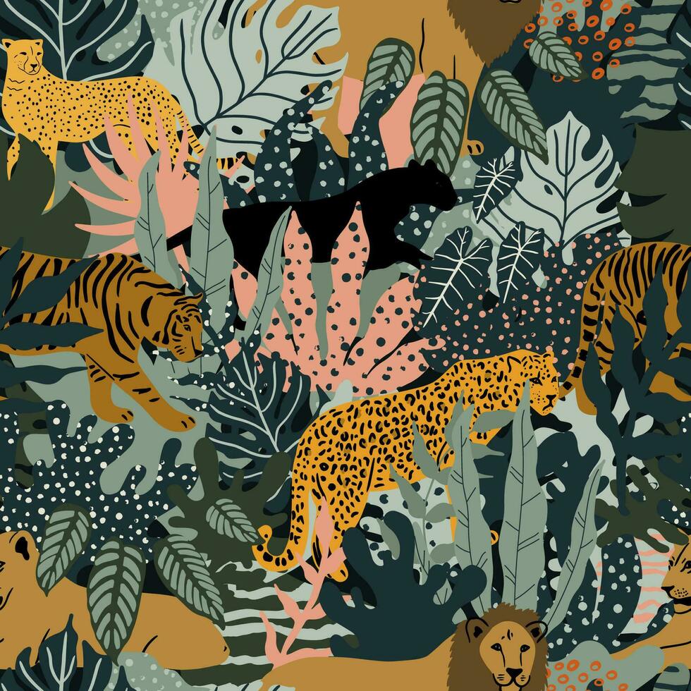 Wild Animals and tropical leaves. vector