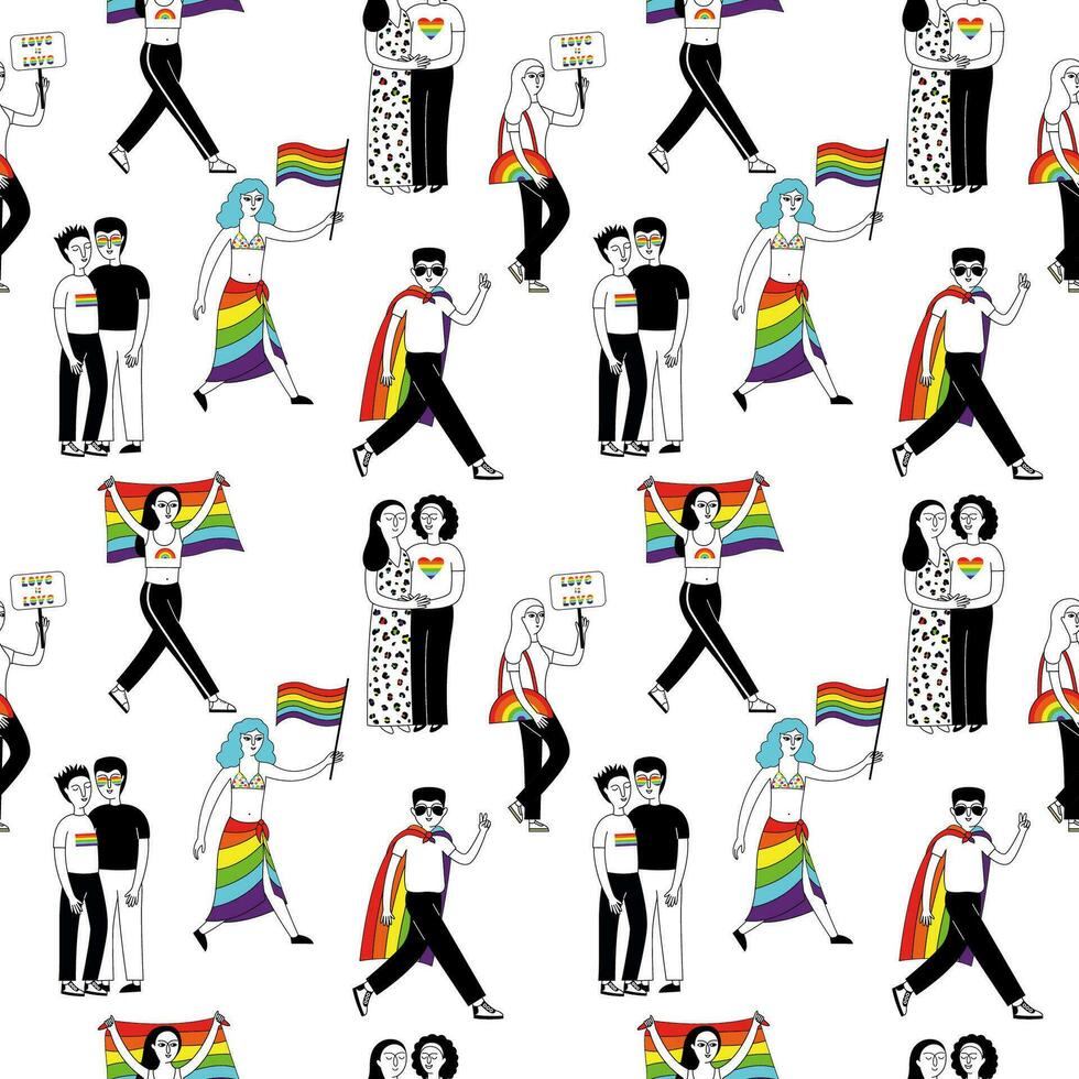 Seamless pattern with a group of people participating in a Pride Parade. vector