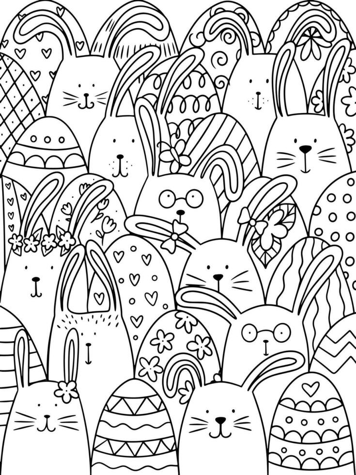 Easter Coloring pages with eggs and rabbits. vector